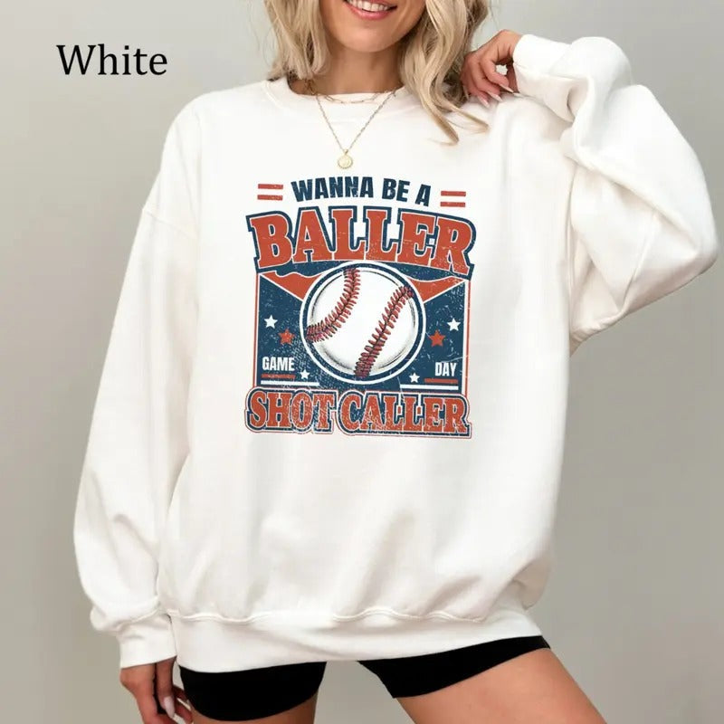 Wanna Be a Baller Shot Caller Sweatshirt, Vintage Retro Baseball Shirt, Baseball Player Crewneck, Game Day Sports...
