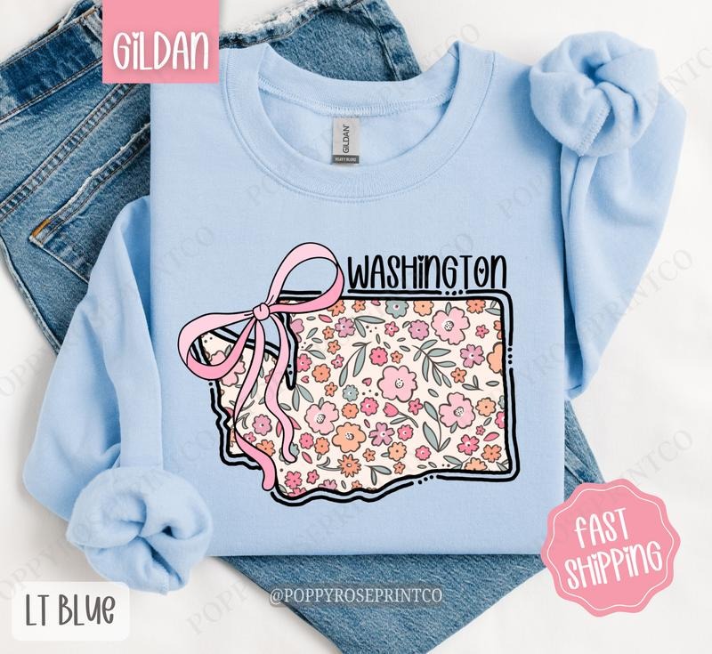 Washington Floral Bow Gildan Sweatshirt, Cute Trendy State Coquette Pullover