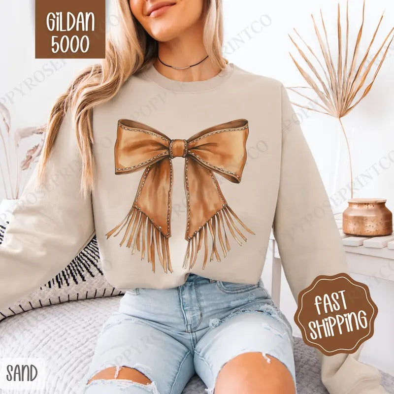 Western Bow Sweatshirt, Western Crewneck, Cute Women's Sweater T-Shirts, Hoodie | CiraTrend.com