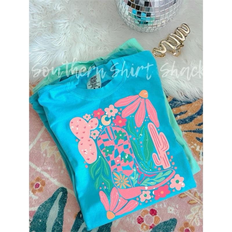 Western Cactus Cowgirl Boot T shirt  | Lagoon Blue comfort colors t shirt Hoodie, Sweatshirt | CiraTrend.com