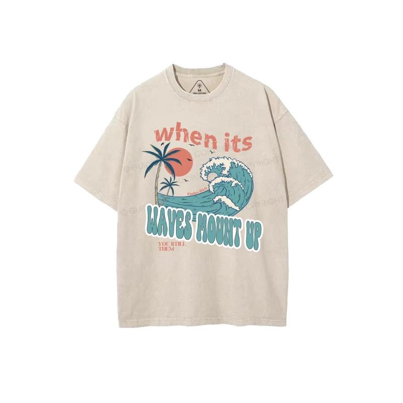 When Its Waves Mount Up Christian Washed Tee Pure Cotton Fabric Casual Streetstyle Crew Neck Short Sleeve Soft-Washed...