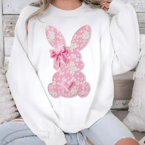White Lace Bunny Coquette Bow sweatshirt, Easter, Lace Bow Bunny Shirt, Happy Easter Hoodie | CiraTrend.com