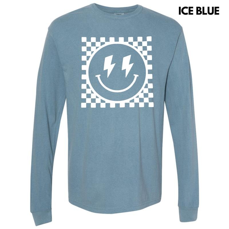 White Puff Checkered Happy Face Long Sleeve Comfort Colors T-Shirt Hoodie, Sweatshirt | CiraTrend.com