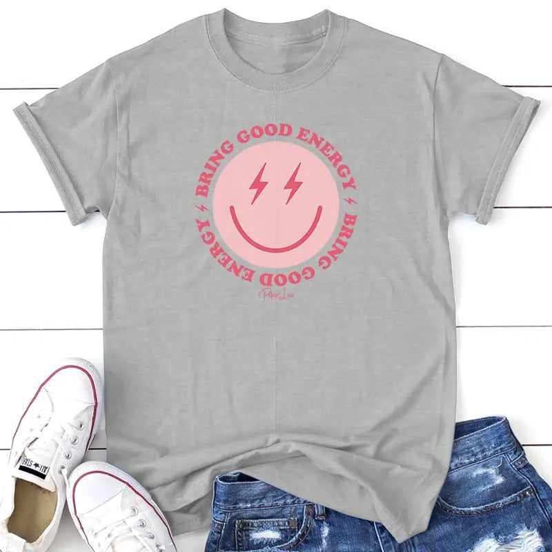 Bring Good Energy Graphic Tee, Proudly Printed In The USA, Tee Gray / White, #sassy #cute #colorprint Hoodie, Sweatshirt