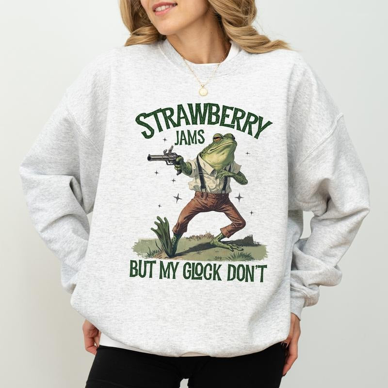 Wild West Frog Strawberry Jams But My Glock Don't Sweatshirt, Funny Frog Meme Tops, Western Cowboy Frog Crewneck, Vintage...