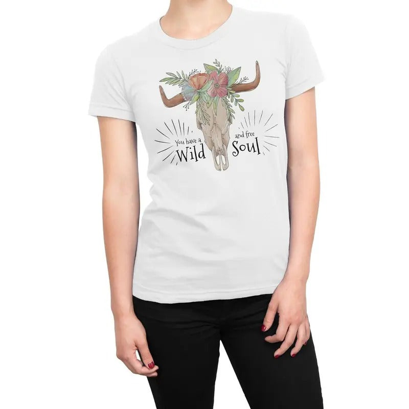 Wild and Free Soul Cow Skull Women's T-Shirt Casual Crewneck Hoodie, Sweatshirt | CiraTrend.com