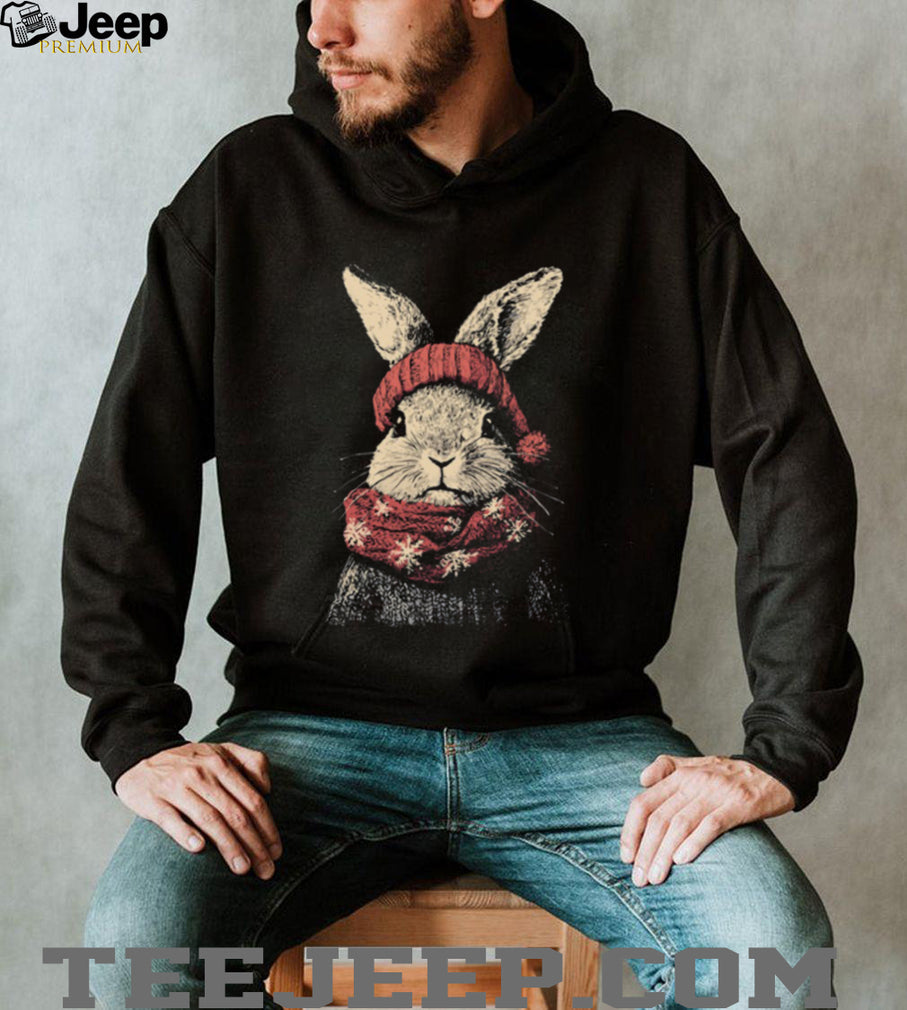 Winter Bunny Rabbit in Red Knit Hat and Snowflake Scarf Tee