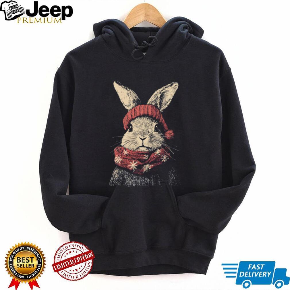 Winter Bunny Rabbit in Red Knit Hat and Snowflake Scarf Tee