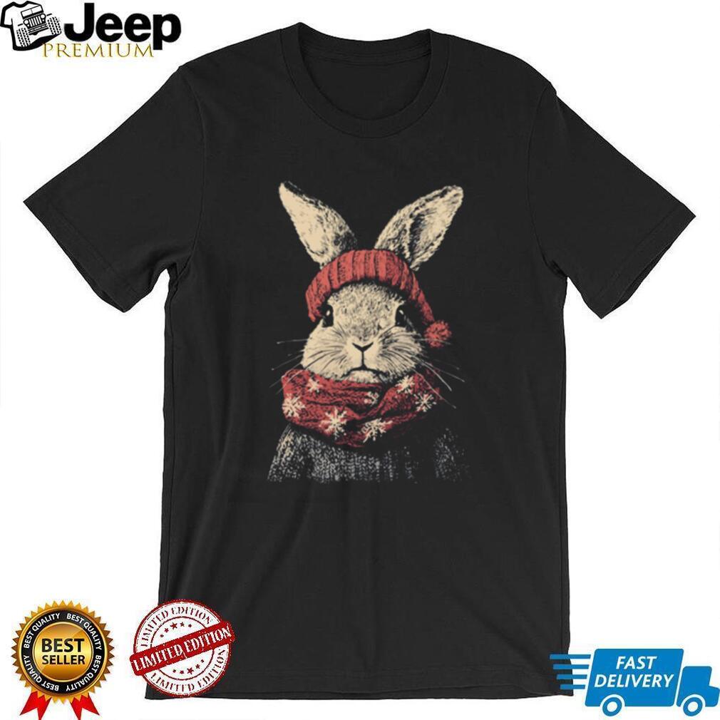 Winter Bunny Rabbit in Red Knit Hat and Snowflake Scarf Tee