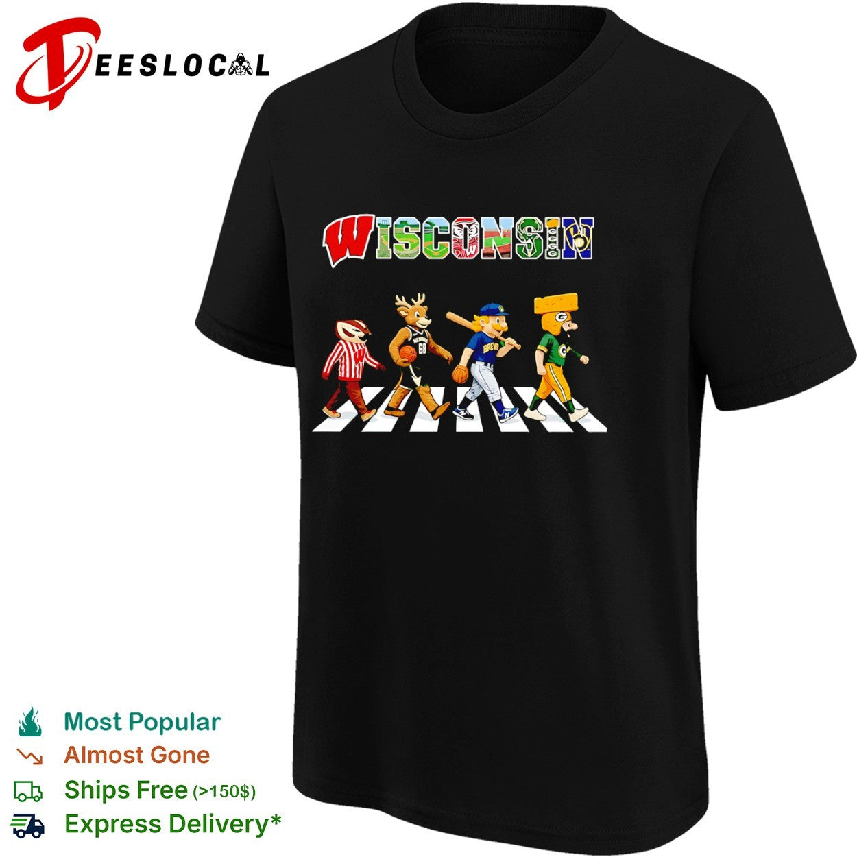 Wisconsin Badgers Bucks Brewers Packers mascot walking across shirt