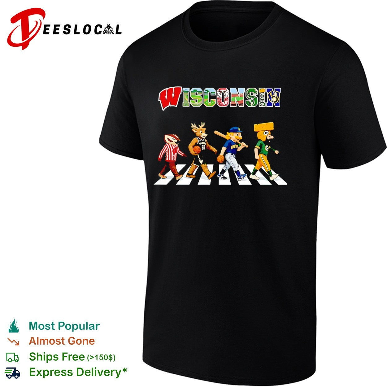Wisconsin Badgers Bucks Brewers Packers mascot walking across shirt