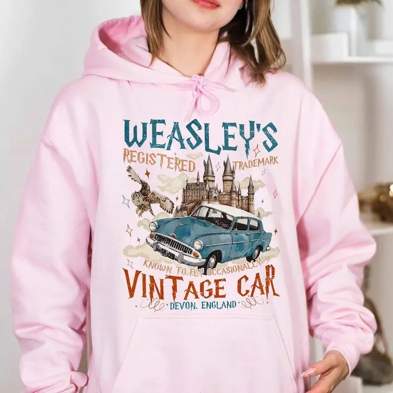 Wizard Flying Car Hoodie, Vintage Style Weasley Car Hoodie, Bookish Wizard Hoodie, Universal Fan Gift, Magical Adventure...