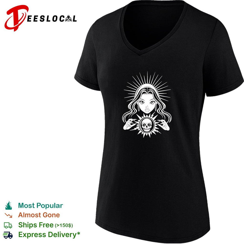 Woman holding skull crystal ball psychic shirt