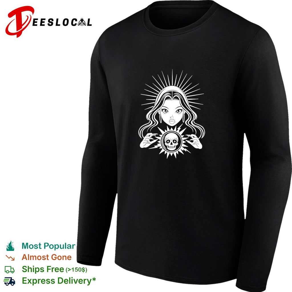 Woman holding skull crystal ball psychic shirt