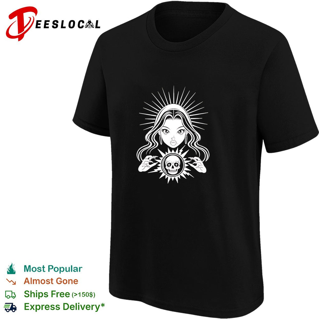 Woman holding skull crystal ball psychic shirt