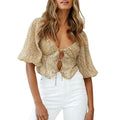 Women Bubble Sleeve Shirts Leopard Print Tie-Up Front Fashion Blouses Summer Casual Tops Streetwear Light Polyester...