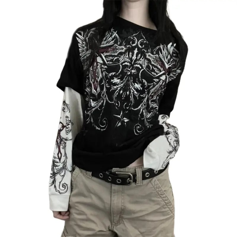 Women Fake Two-Piece T-Shirts Vintage Graphic Print Round Neck Long Sleeve Shirts Fashion Gothic Loose Casual Streetwear...