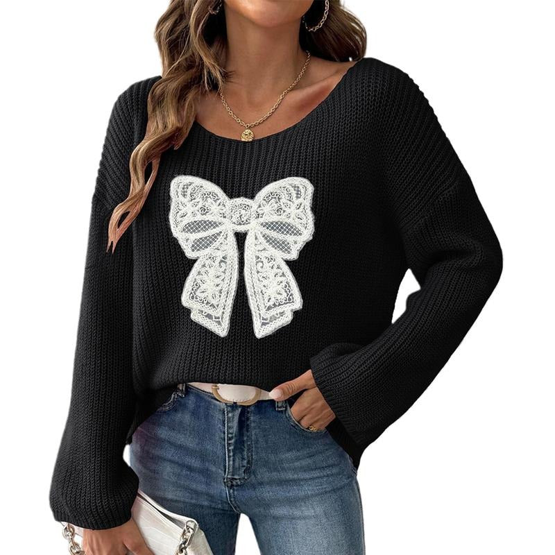 Women Knit Sweater Long Sleeve Crew Neck Bowknot Pullover Warm Sweater for Fall Winter T-Shirts, Hoodie, Sweatshirt