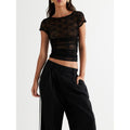 Women Lace T-shirt, Crew Neck Short Sleeve See-through Summer Tops for Club Party Light Womenswear Hoodie, Sweatshirt