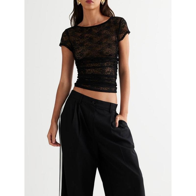 Women Lace T-shirt, Crew Neck Short Sleeve See-through Summer Tops for Club Party Light Womenswear Hoodie, Sweatshirt