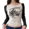 Women Long Sleeve Short T-Shirts Letter Vintage Print Boat Neck Shirts Spring Fall Slim Fit Tops Streetwear Womenswear...