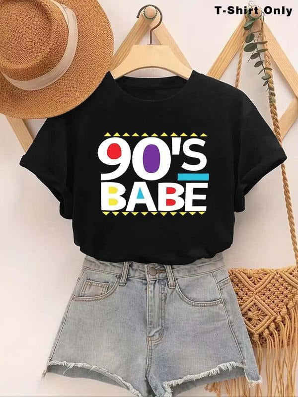 Women's " 90's Babe " Letter Print Round Neck Graphic Tee, Vintage Trendy Casual Short Sleeve T-shirt for Daily Wear,...