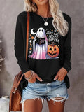 Women's   Cartoon Ghost & Pumpkin Print Drop Shoulder Tee, Casual Long Sleeve Round Neck T-shirt for Daily Wear, Ladies...