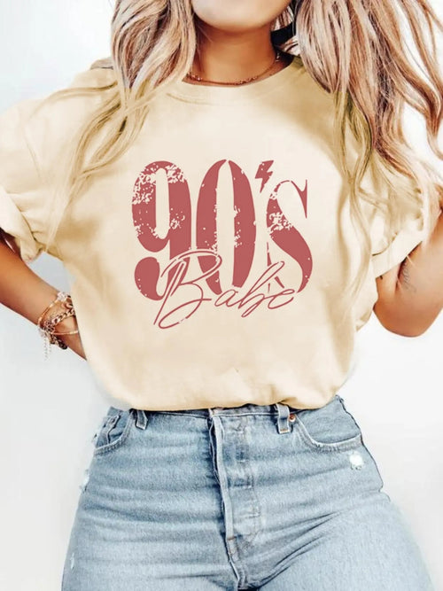 Women's "90's Babe" Print Round Neck Graphic Tee, Vintage Trendy Casual Short Sleeve T-shirt For Daily Wear, Ladies...