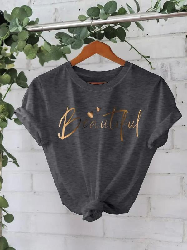 Women's "Beautiful" Letter Print Round Neck Tee, Casual Short Sleeve Crew Neck T-shirt for Spring & Fall, Fashion Women's...