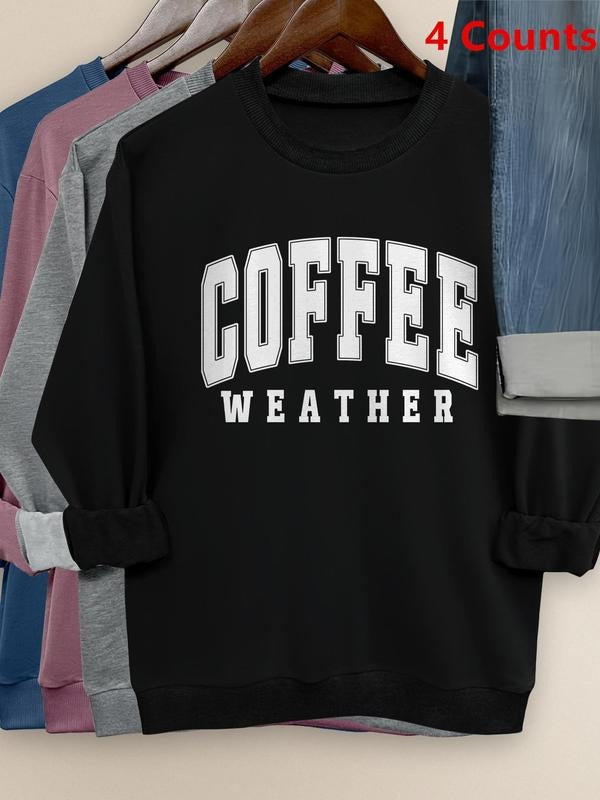 Women's "COFFEE WEATHER" Letter Print Crew Neck Sweatshirt, Casual Long Sleeve Pullover for Daily Wear, Women Clothing...