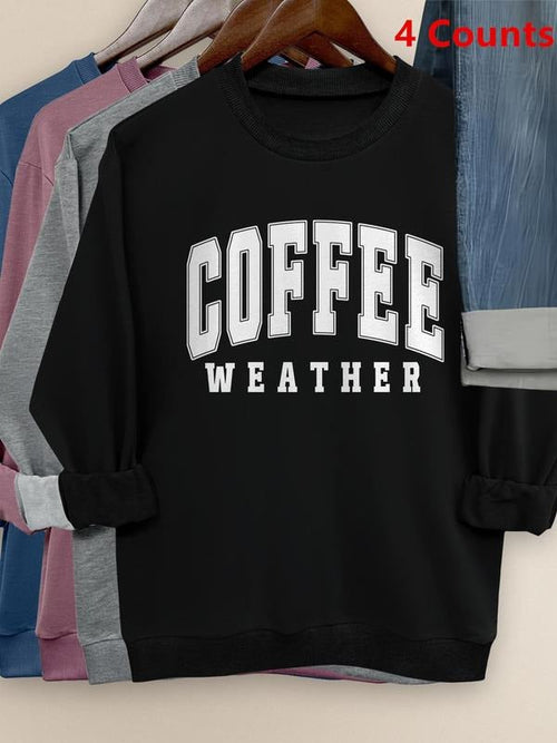 Women's "COFFEE WEATHER" Letter Print Crew Neck Sweatshirt, Casual Long Sleeve Pullover for Daily Wear, Women Clothing...