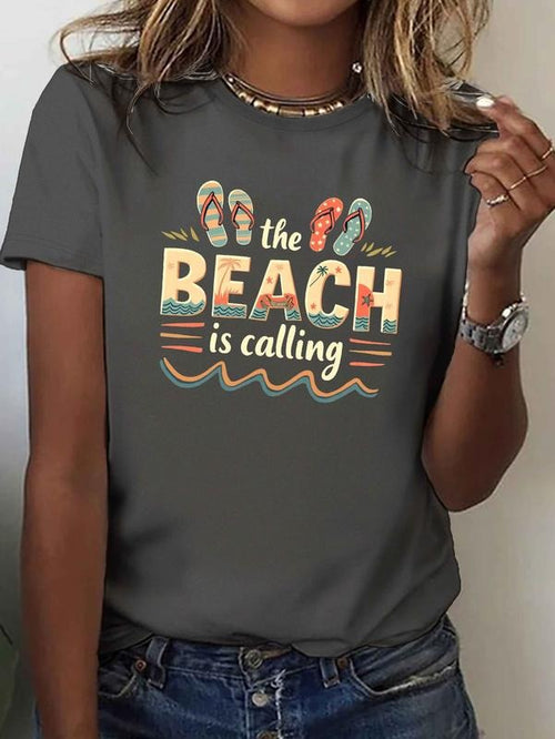 Women's "The Beach is Calling" Graphic Tee - 100%, Red with Colorful Flip-Flop Design, Short Sleeve, Casual Summer Style...
