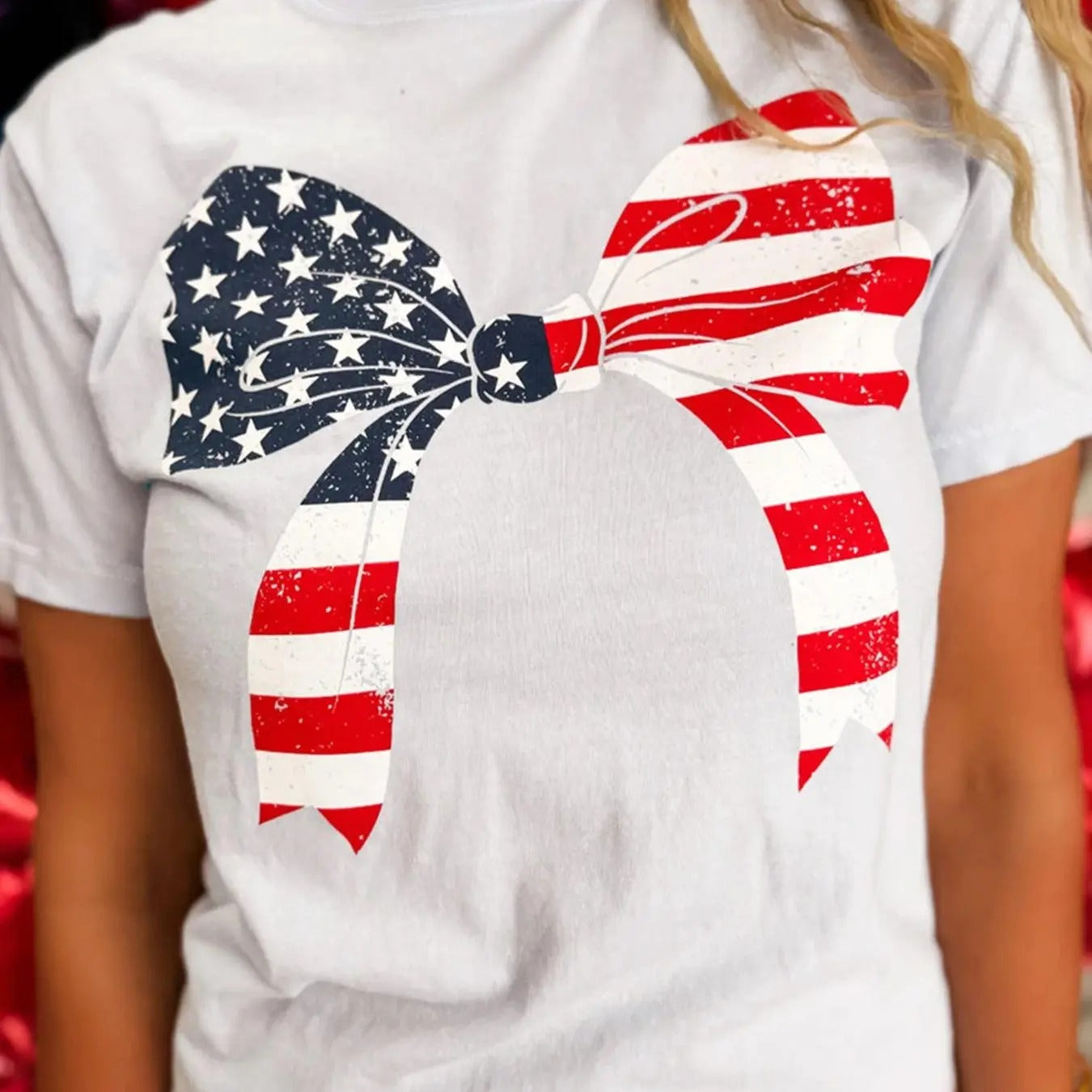 Women's American Flag & Bow Print Round Neck Tee, Casual Short Sleeve Crew Neck T-shirt for Summer, Women's Top for Daily...