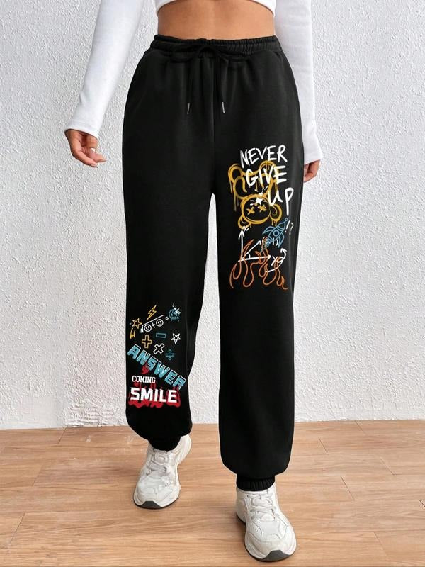 Women's Black "never Give Up" Letter Print Drawstring Sweatpants, Lady Casual Elastic Waist Jogger Pants for Women, Women's Comfort Trousers for Fall & Winter, Matching Bottom