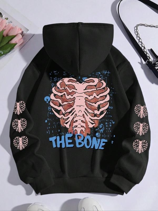 Women's Bone Graphic Print Drop Shoulder Drawstring Hoodie, Casual Pocket Long Sleeve Hooded Sweatshirt, Ladies Fall &...