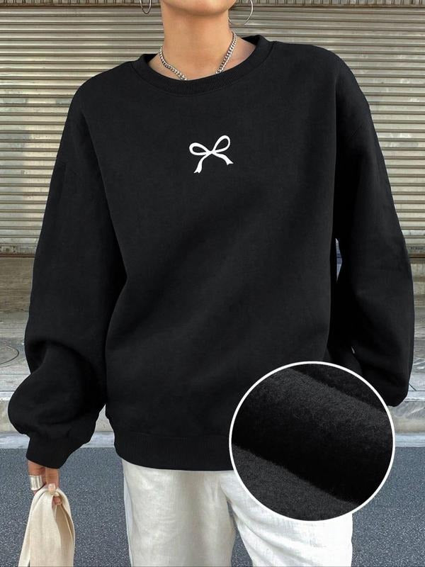 Women's Bow Print Crew Neck Sweatshirt, Casual Long Sleeve Pullover for Fall & Winter, Women's Clothes for Daily Wear