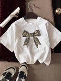 Women's Bow Print Round Neck Tee, Fashion Casual Short Sleeve T-shirt for Daily Wear, Ladies Clothes for All Seasons...