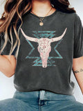 Women's Bull Head Print Round Neck Graphic Tee, Vintage Trendy Casual Short Sleeve T-shirt for Daily Wear, Ladies Summer...