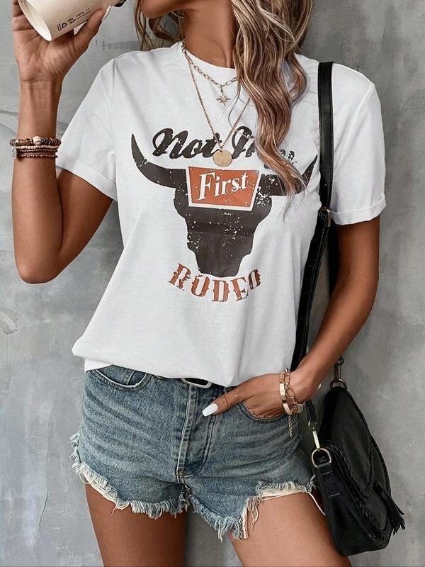 Women's Bull Letter Print Round Neck Graphic Tee, Vintage Trendy Casual Short Sleeve T-shirt for Daily Wear, Ladies All Seasons Outfit