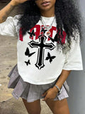 Women's Butterfly & Cross Print Round Neck Tee, Fashion Casual Half Sleeve T-shirt for Daily Holiday Vacation Outdoor...