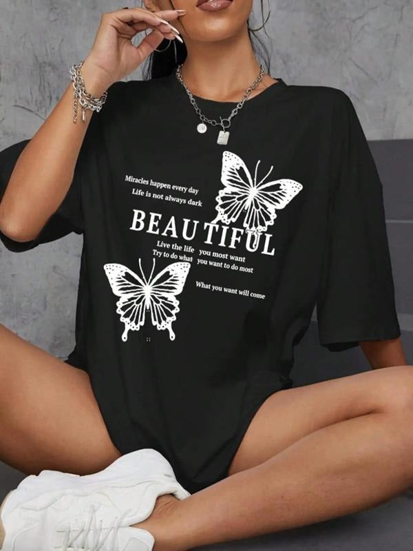 Women's Butterfly & Letter Print Round Neck Graphic Tee, Vintage Trendy Casual Drop Shoulder Half Sleeve T-shirt For Daily Wear, Ladies Summer Outfit
