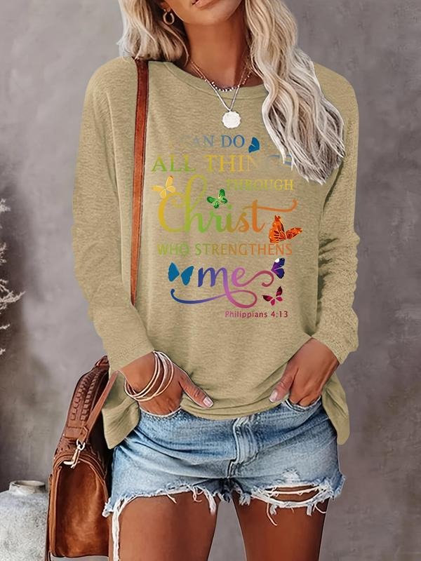 Women's Butterfly & Letter Print Round Neck Tee, Casual Long Sleeve Crew Neck T-Shirt for Fall & Winter, Women's Clothes...