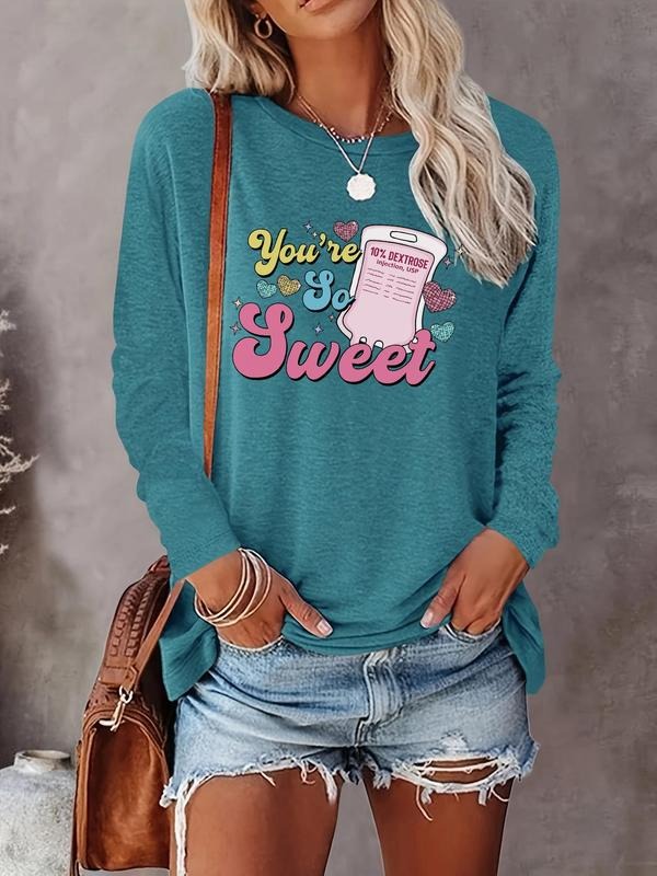 Women's Cartoon & Letter Print Round Neck Tee, Casual Long Sleeve Crew Neck T-shirt for Spring & Fall, Women's Top for...