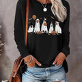 Women's Cartoon & Pumpkin Print Drop Shoulder T-shirt, Casual Long Sleeve Round Neck Tee for Halloween Daily Wear, Ladies...