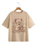 Women's Cartoon Bear Print Round Neck Drop Shoulder Tee, Cute Casual Short Sleeve T-shirt for Daily Wear, Ladies Clothes...
