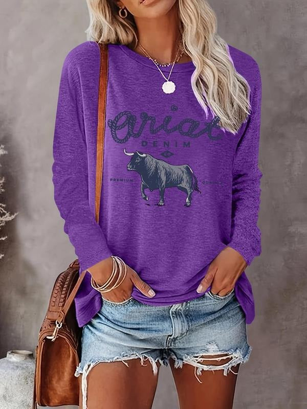 Women's Cartoon Bull & Letter Print Drop Shoulder Tee, Casual Long Sleeve Round Neck T-shirt for Fall & Winter, Ladies...