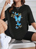 Women's Cartoon Butterfly Print Round Neck Tee, Trendy Casual Short Sleeve T-shirt for Daily Wear, Ladies Outfit Hoodie,...