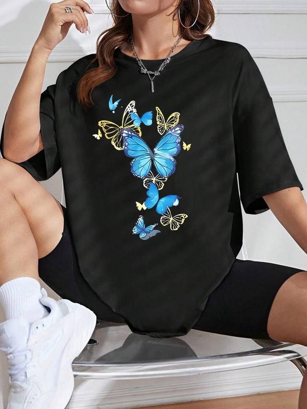 Women's Cartoon Butterfly Print Round Neck Tee, Trendy Casual Short Sleeve T-shirt for Daily Wear, Ladies Outfit