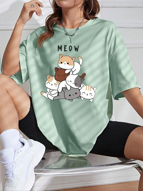 Women's Cartoon Cat & "meow" Letter Print Round Neck Tee, Cute Casual Drop Shoulder Half Sleeve T-shirt for Summer,...