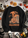 Women's Cartoon Cat & Pumpkin Print Crew Neck Sweatshirt, Casual Long Sleeve Pullover for Fall & Winter, Women's Clothes...
